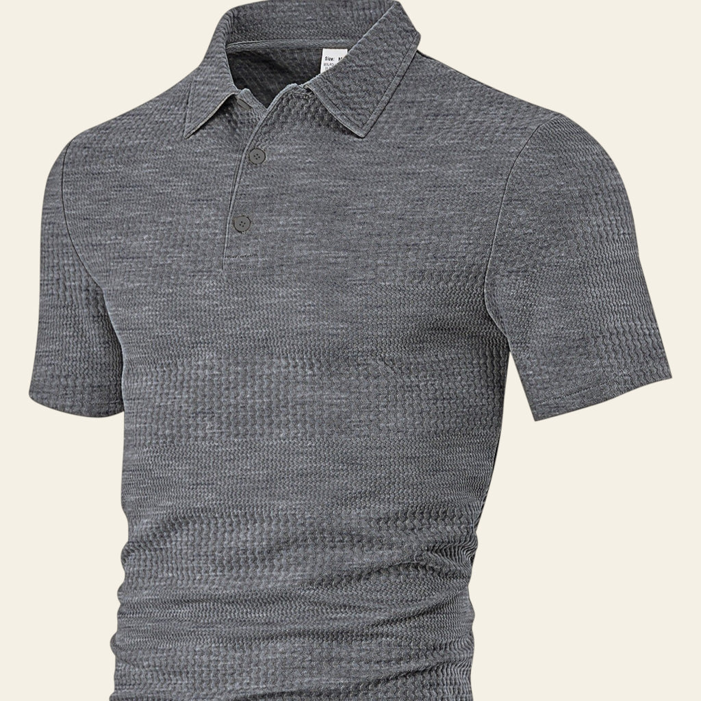 Man wearing dark gray loose casual lapel short sleeve shirt