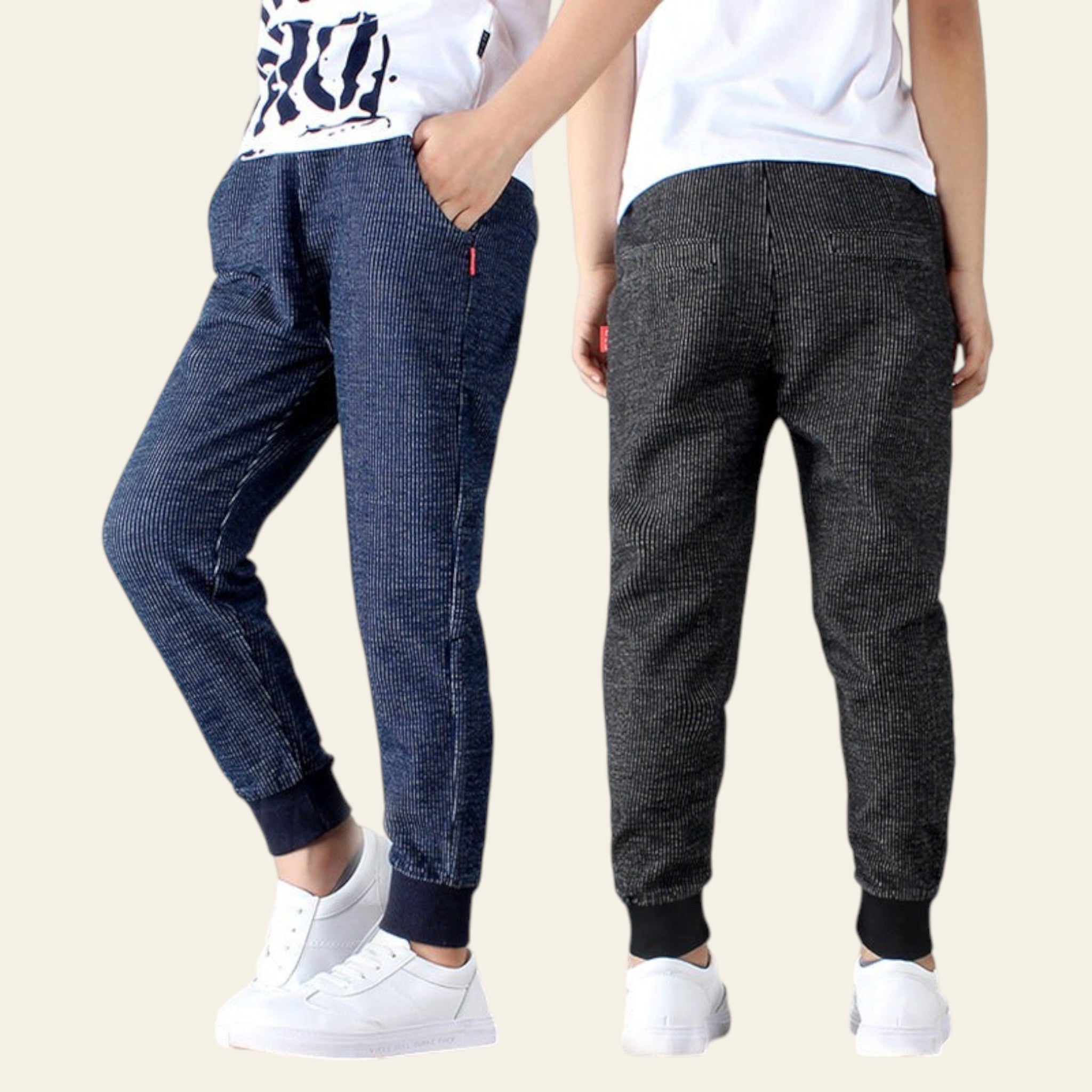 Two pairs of harem pants, one blue and one gray, worn by people on a white background.