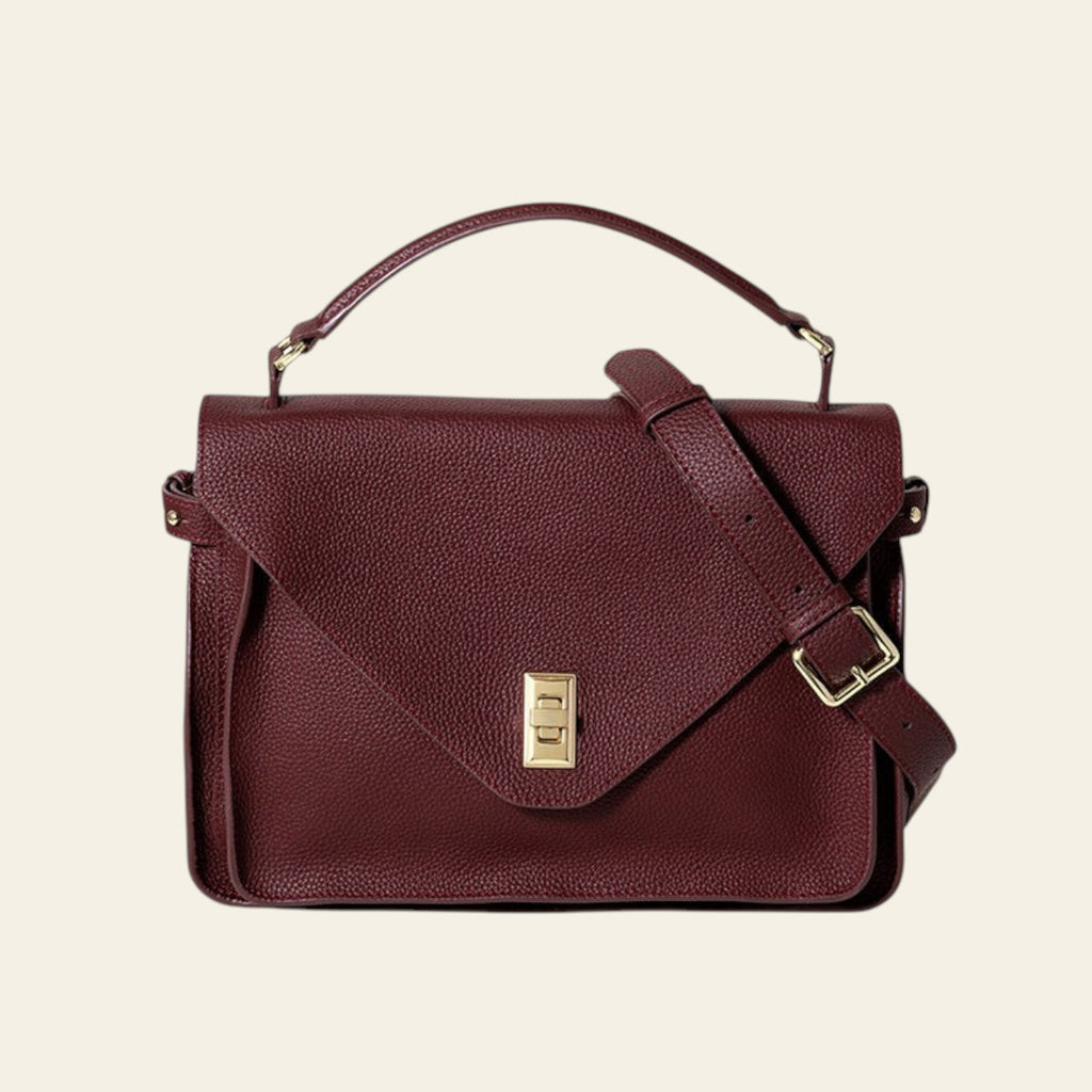 Brown leather handbag with gold clasp on a white background