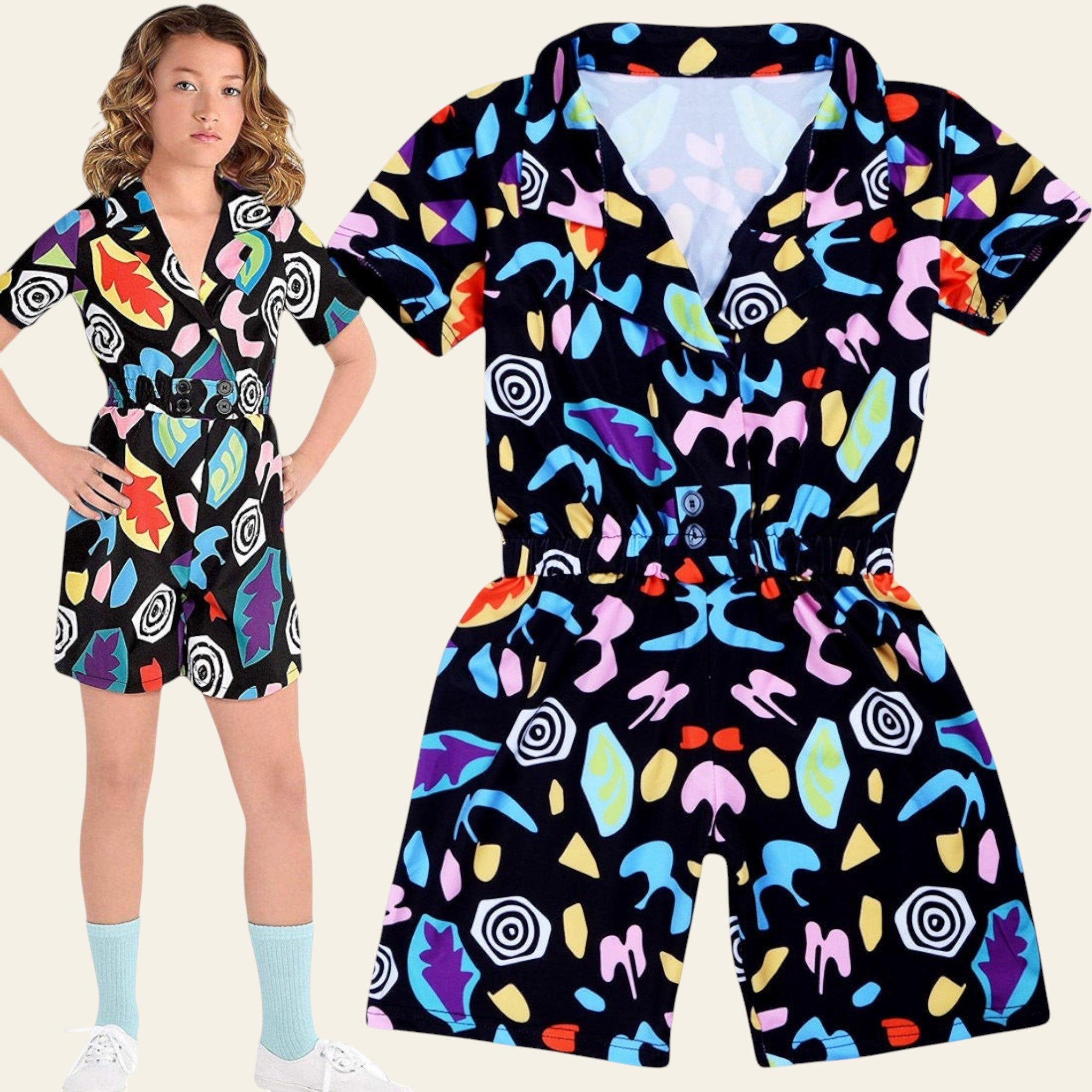Colorful patterned romper with a model wearing it on a white background