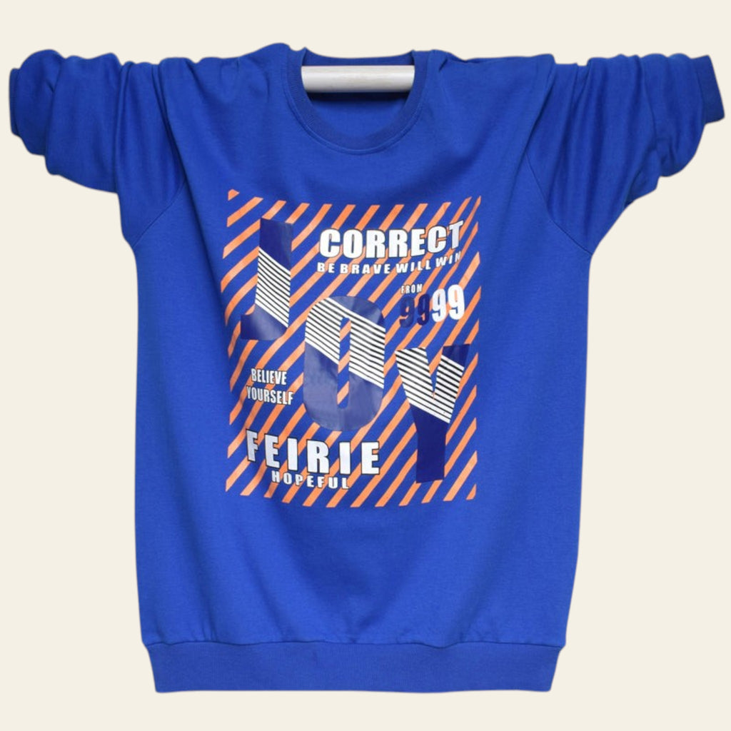 Blue sweatshirt with text and graphics on a wooden surface
