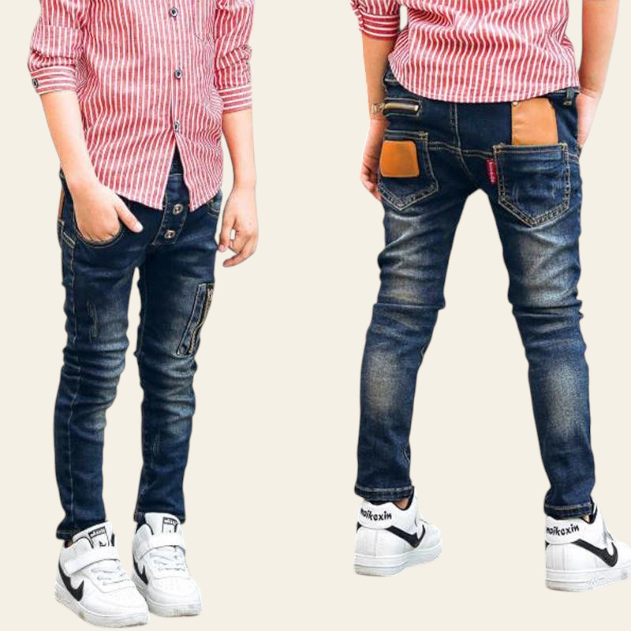Two pairs of blue jeans worn by people on a blurred background