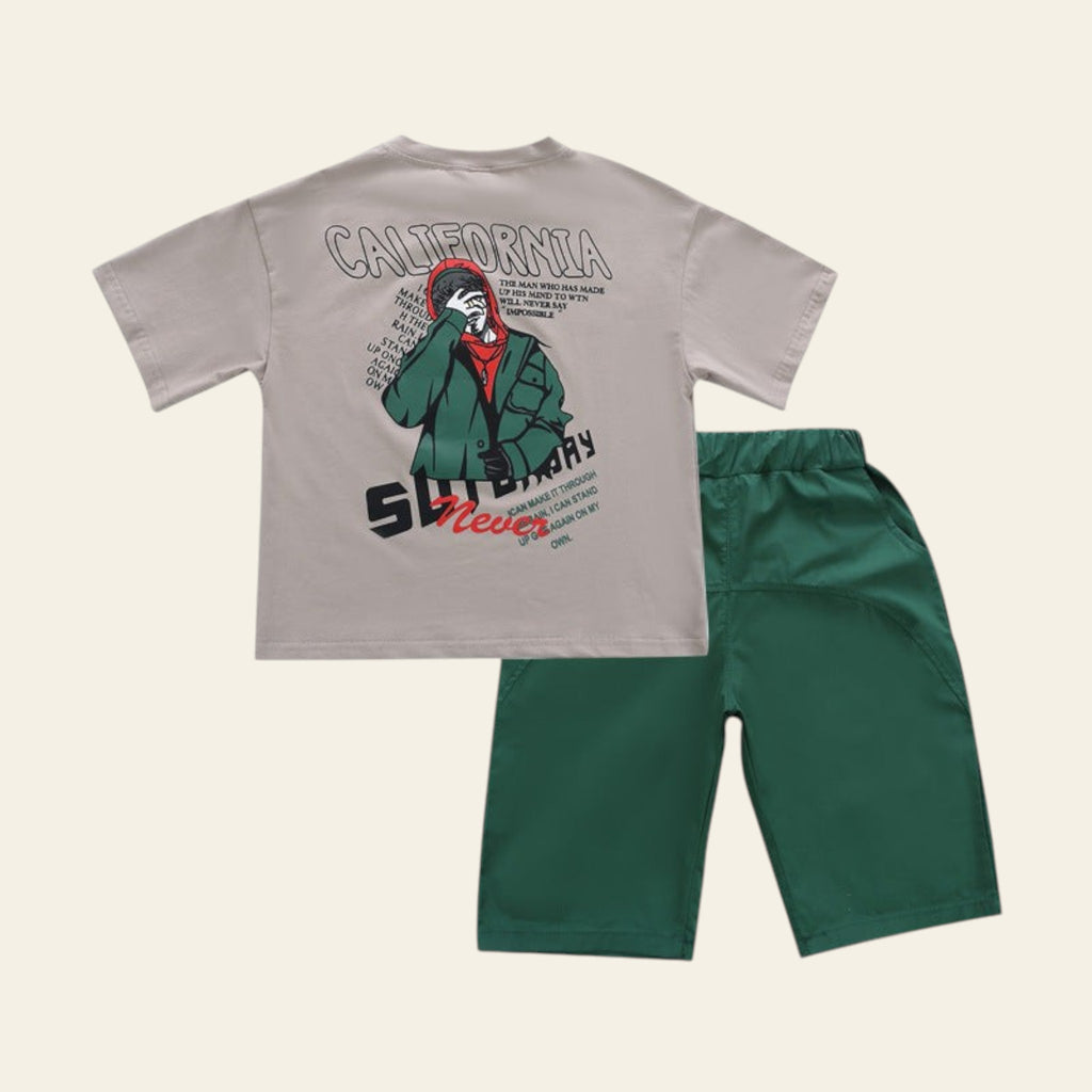 T-shirt with graphic design and green shorts on a white background