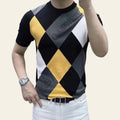 Man wearing a gray checked short sleeve ice silk t-shirt