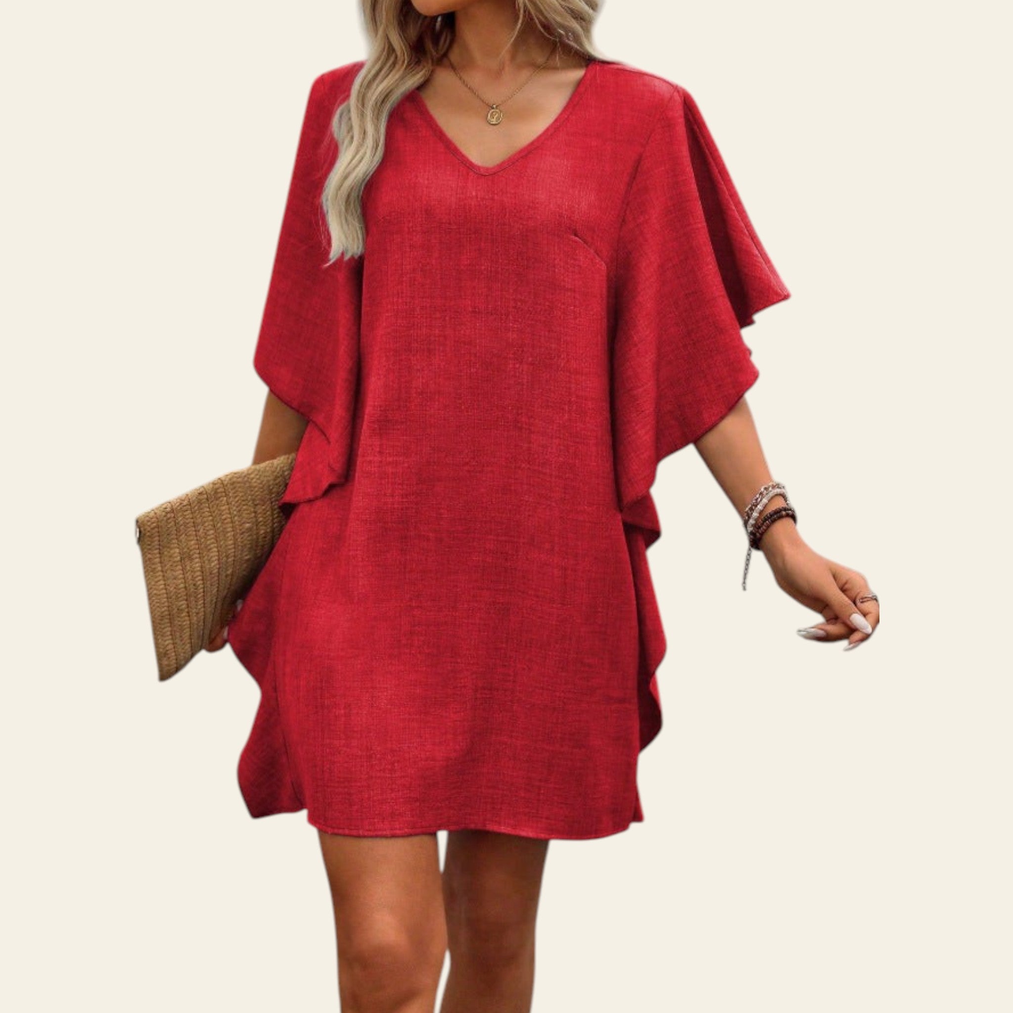 Women's red loose-fit V-neck casual dress