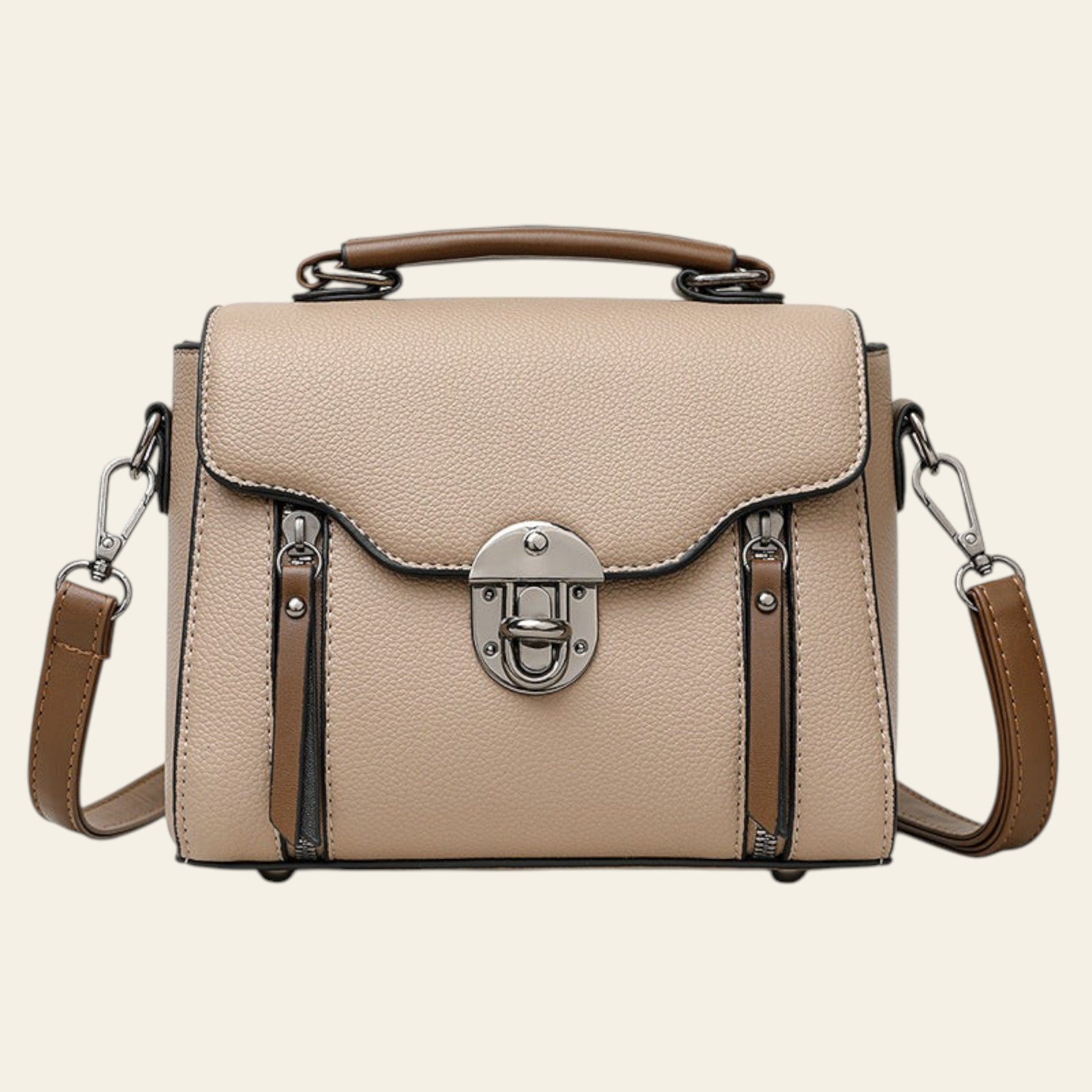 Beige handbag with brown accents on a white background