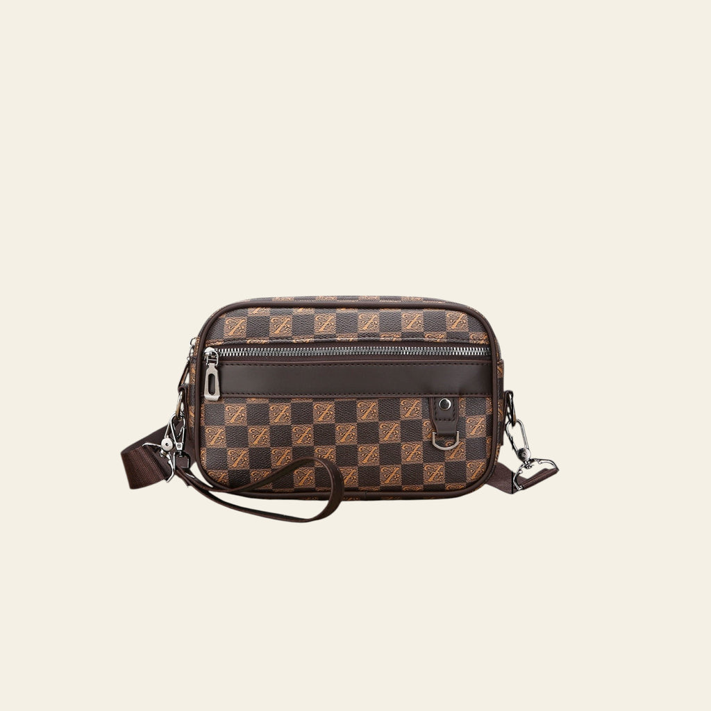 Brown checkered bag with measurements on a wooden surface