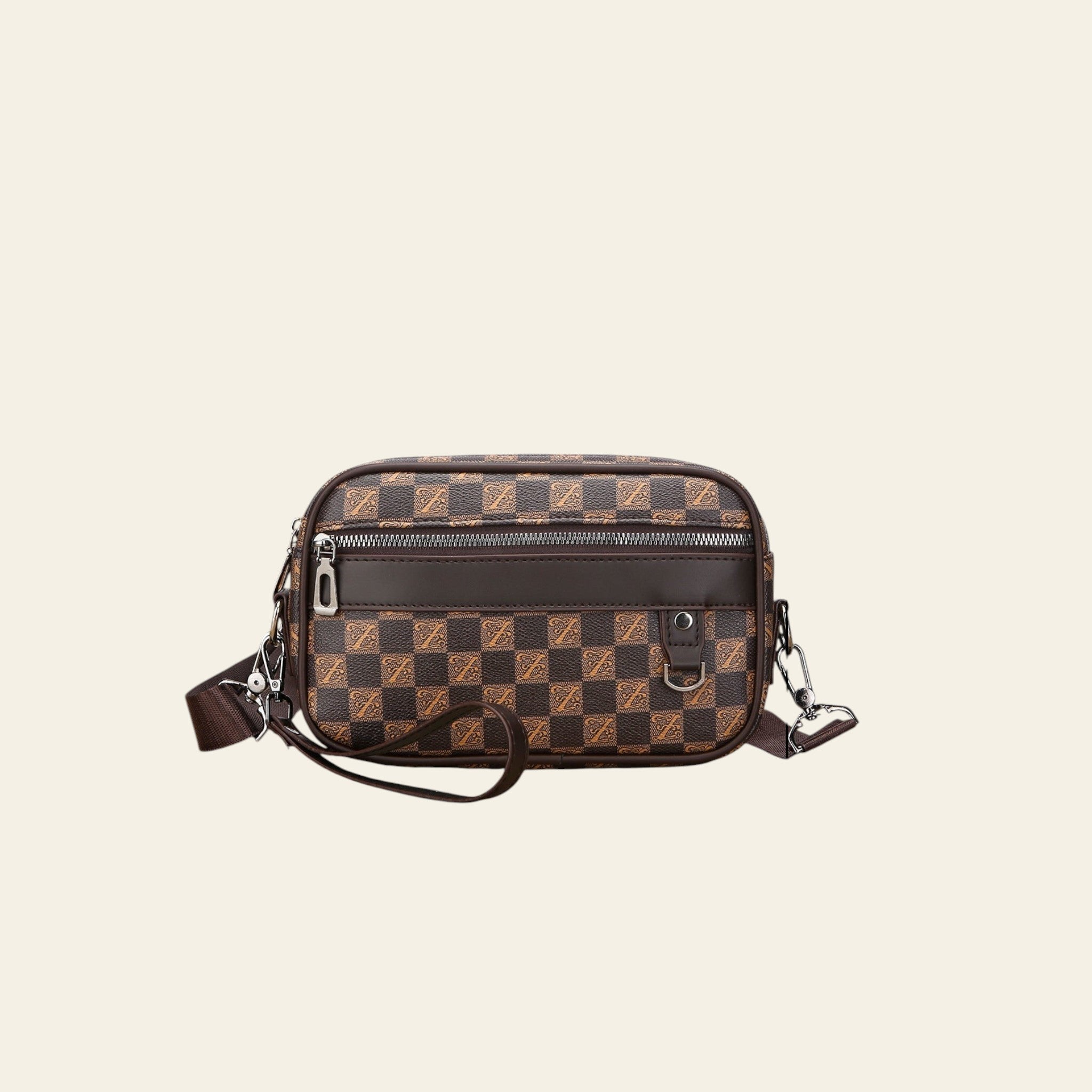 Brown checkered bag with measurements on a wooden surface