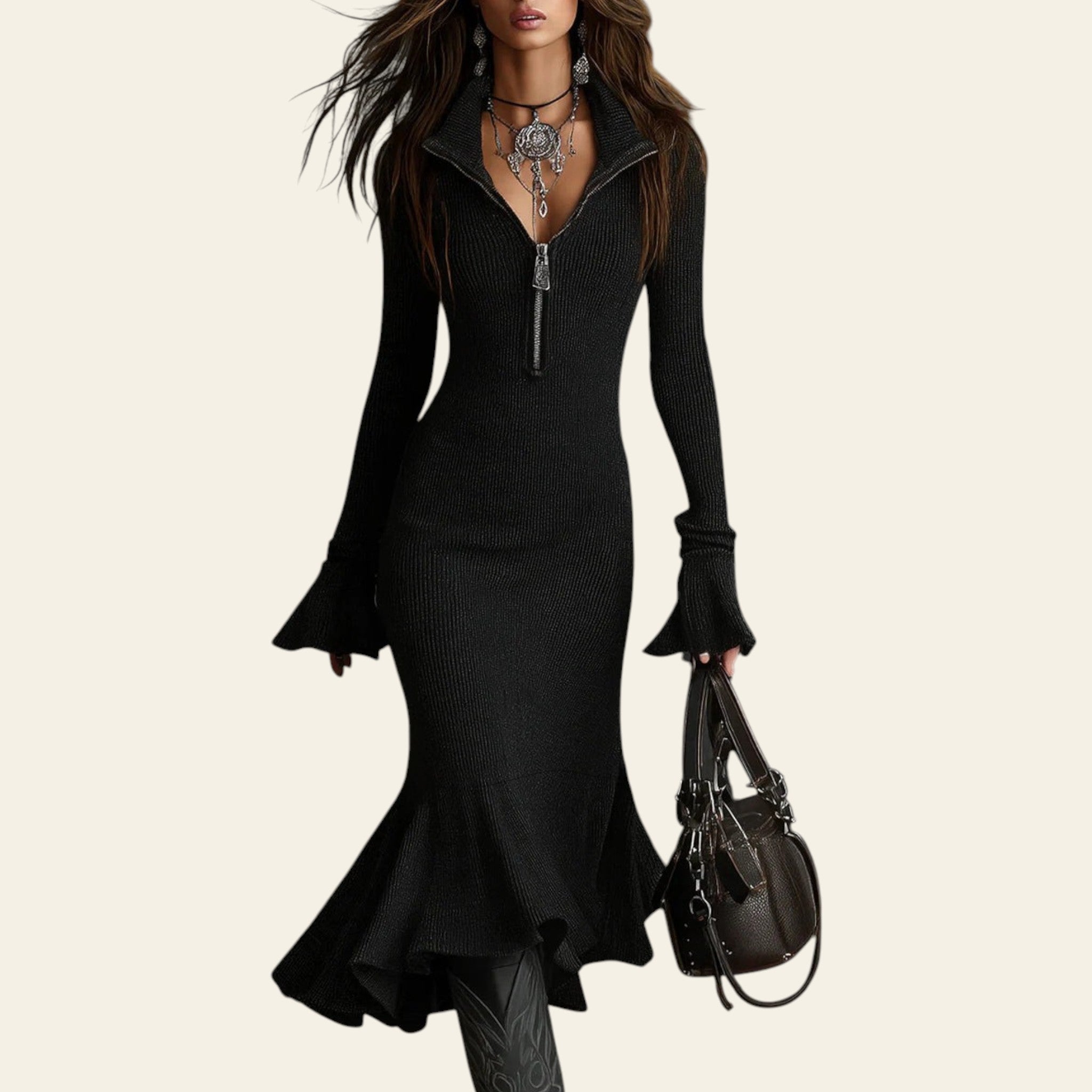 Woman wearing a black pleated V-neck knitted mermaid dress against a gray background
