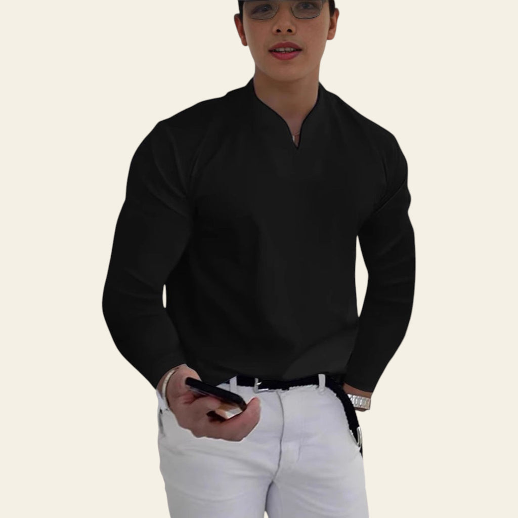 Man wearing a black V-neck long sleeve breathable T-shirt