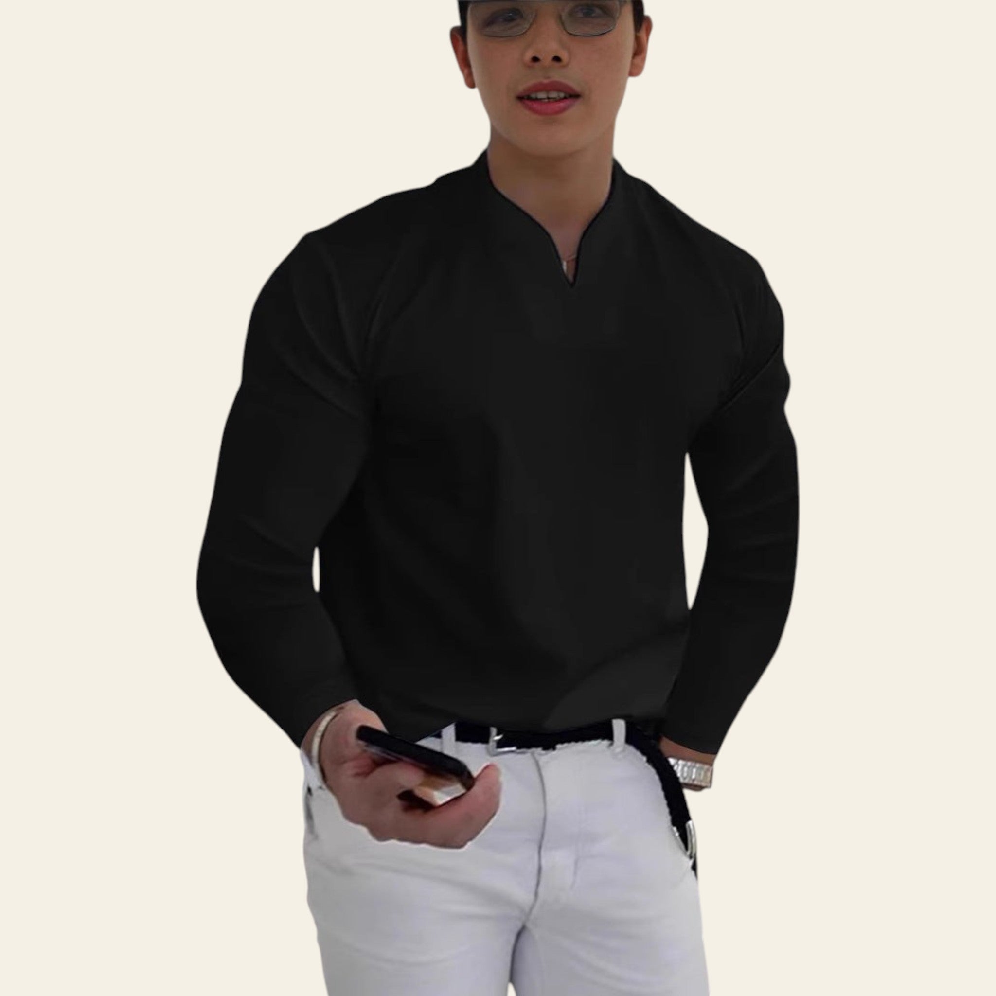 Man wearing a black V-neck long sleeve breathable T-shirt