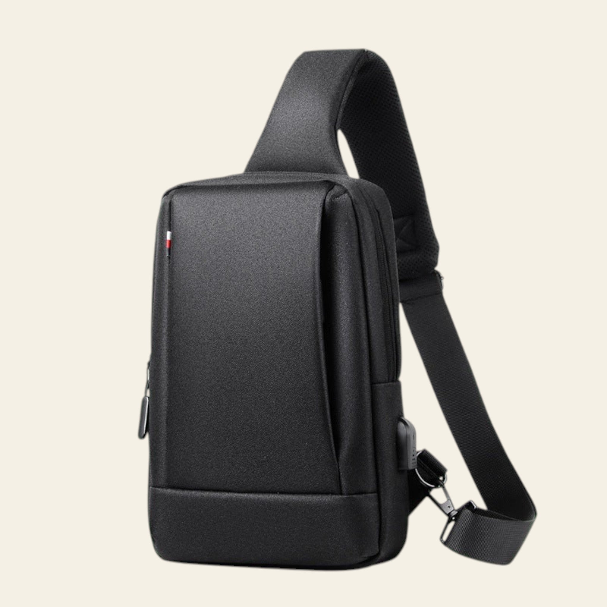 Black sling bag on a white background