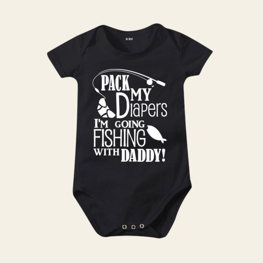 Black baby onesie with white text and graphics on a white background