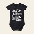 Black baby onesie with white text and graphics on a white background