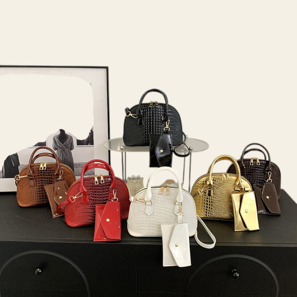 Croc-textured satchel handbags collection with gold hardware in multiple colors