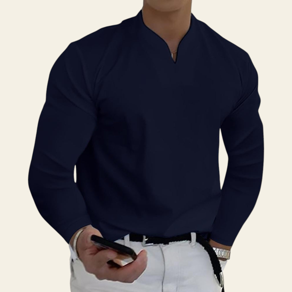 Man wearing a dark purple V-neck long sleeve breathable T-shirt