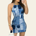 Woman wearing a blue patchwork denim halterneck backless mini dress