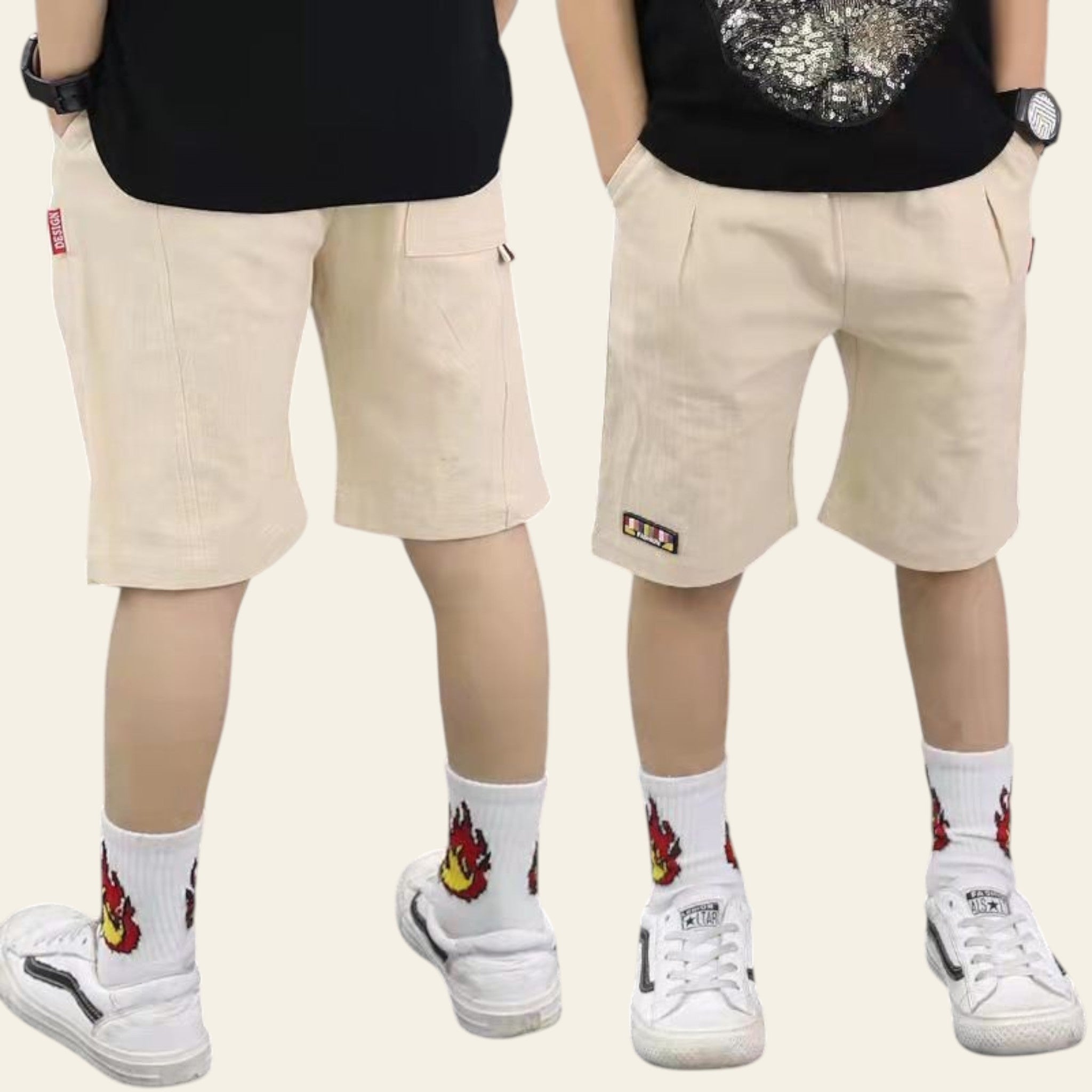 Two pairs of beige shorts worn by people on a street.