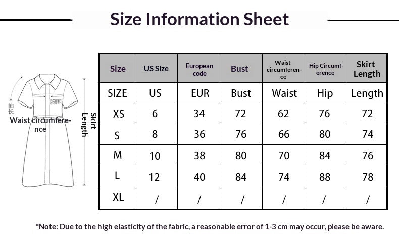 women's dress size chart showing bust, waist, hip, and length measurements