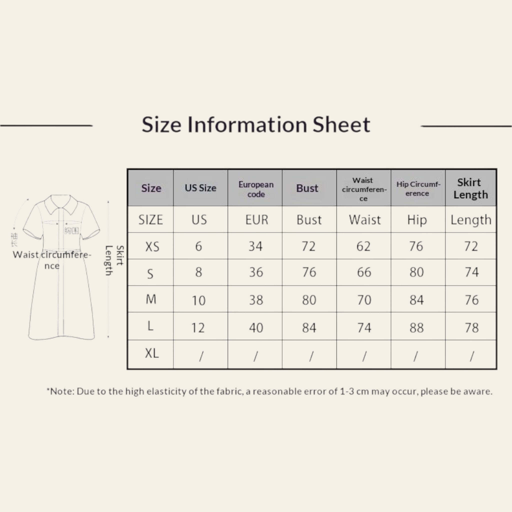 women's dress size chart showing bust, waist, hip, and length measurements