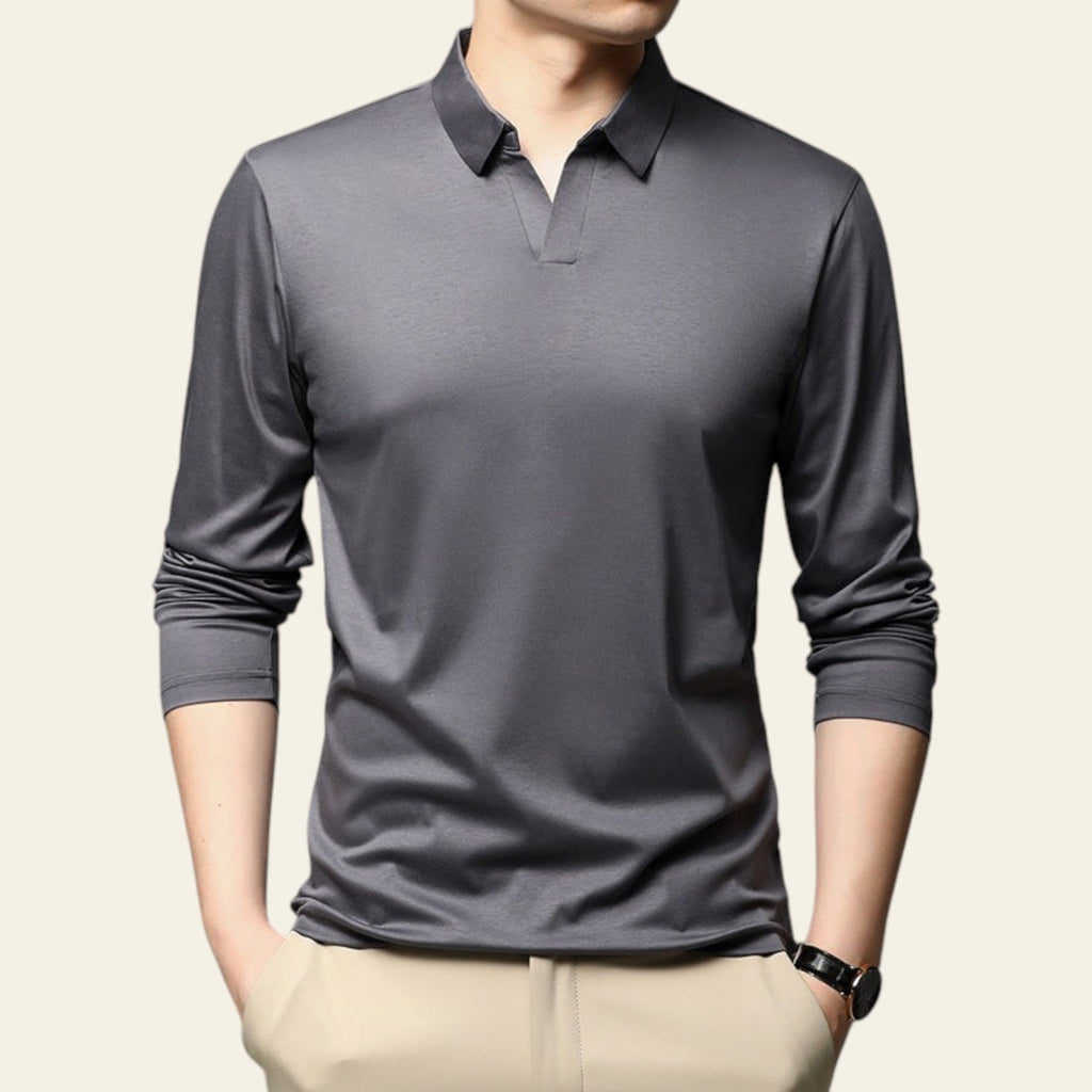 Men wearing solid grey cotton long sleeve lapel shirt