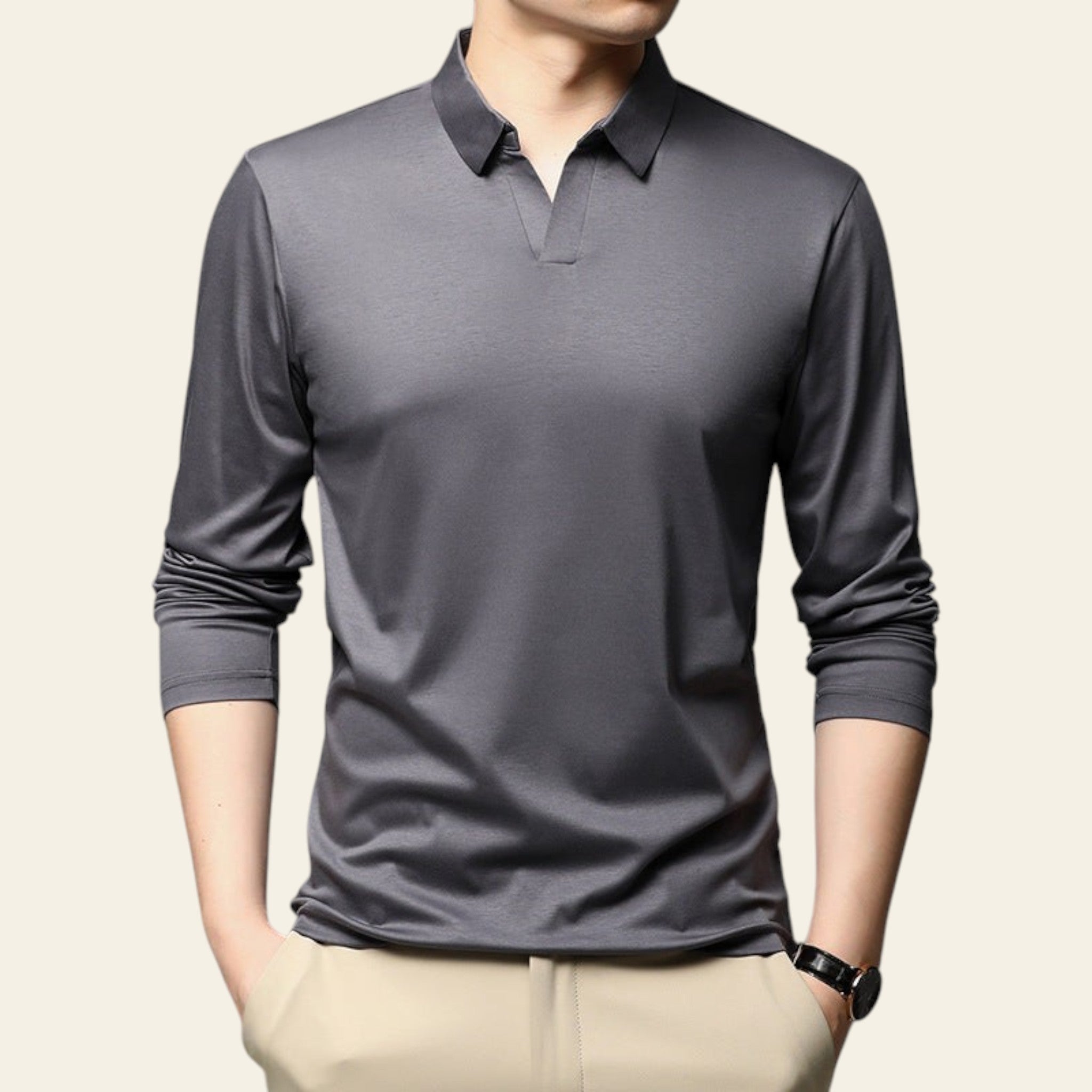 Men wearing solid grey cotton long sleeve lapel shirt