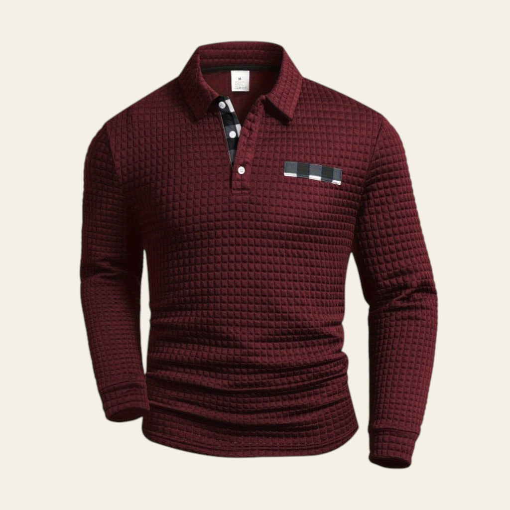 Men's textured long sleeve shirt with plaid collar- Maroon color