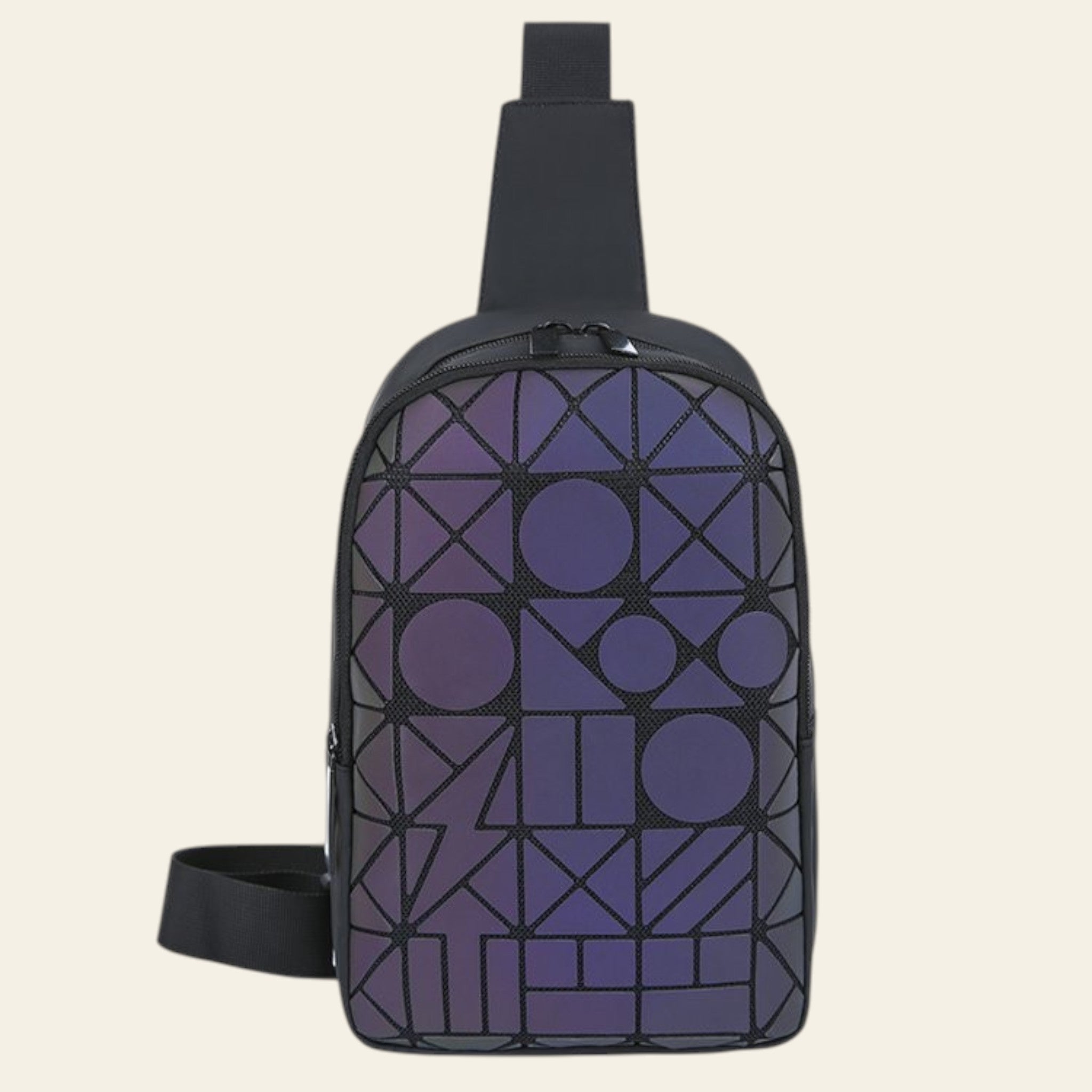 Sling bag with geometric pattern on a white background