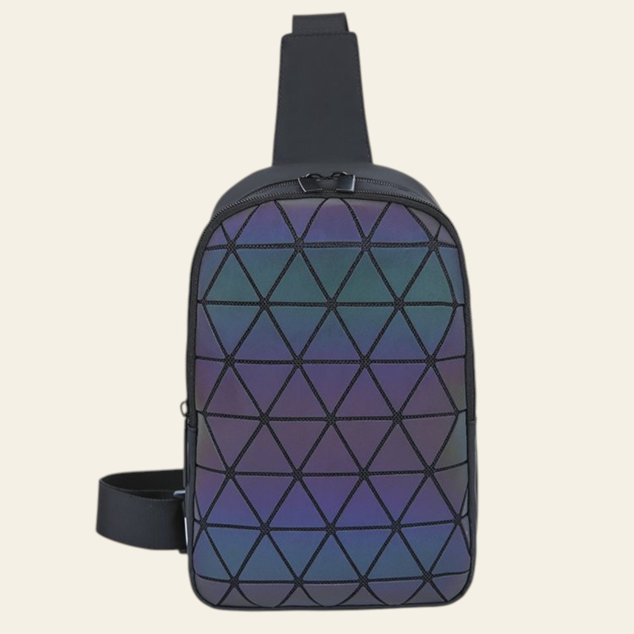 Sling bag with geometric pattern on a white background