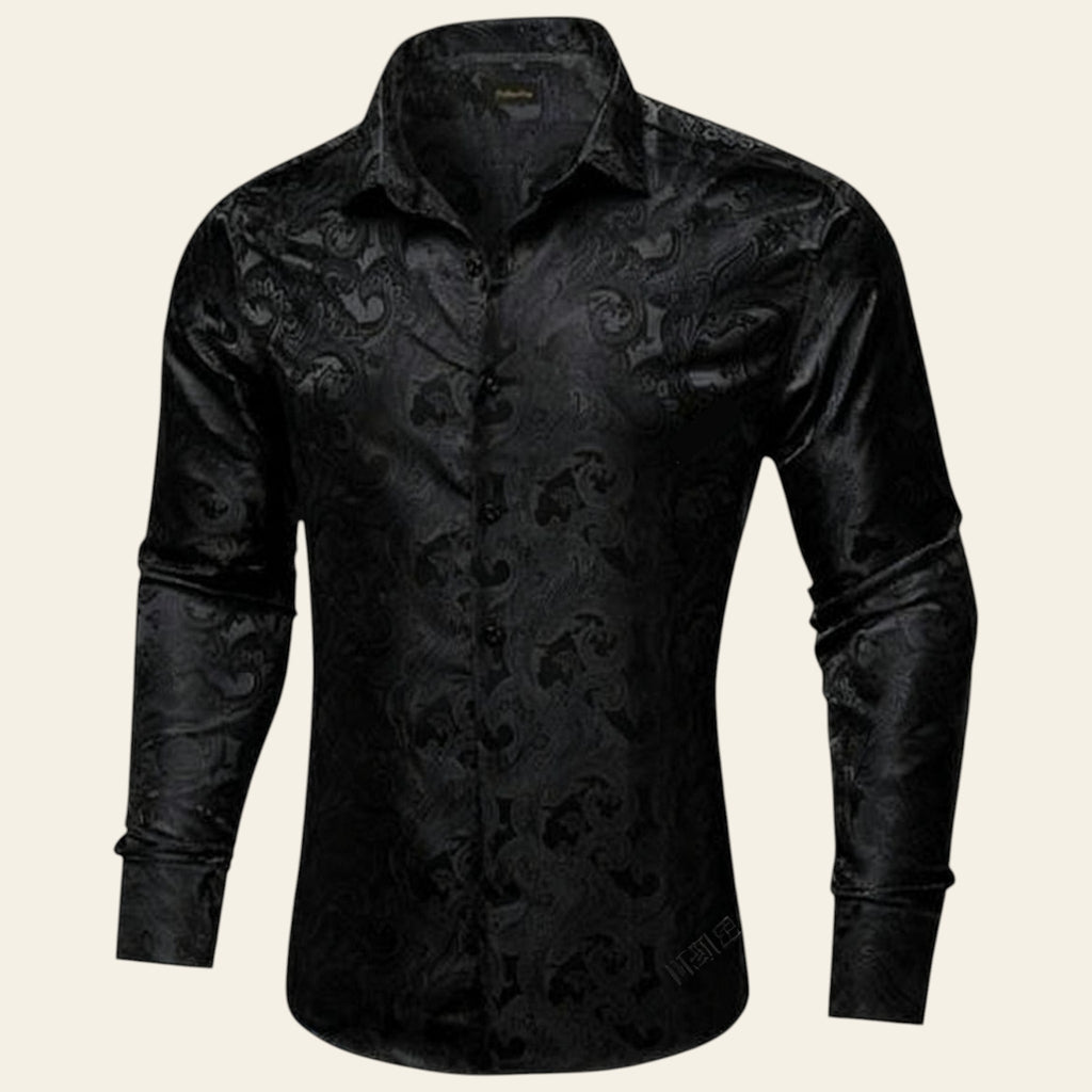 Black patterned shirt on a white background