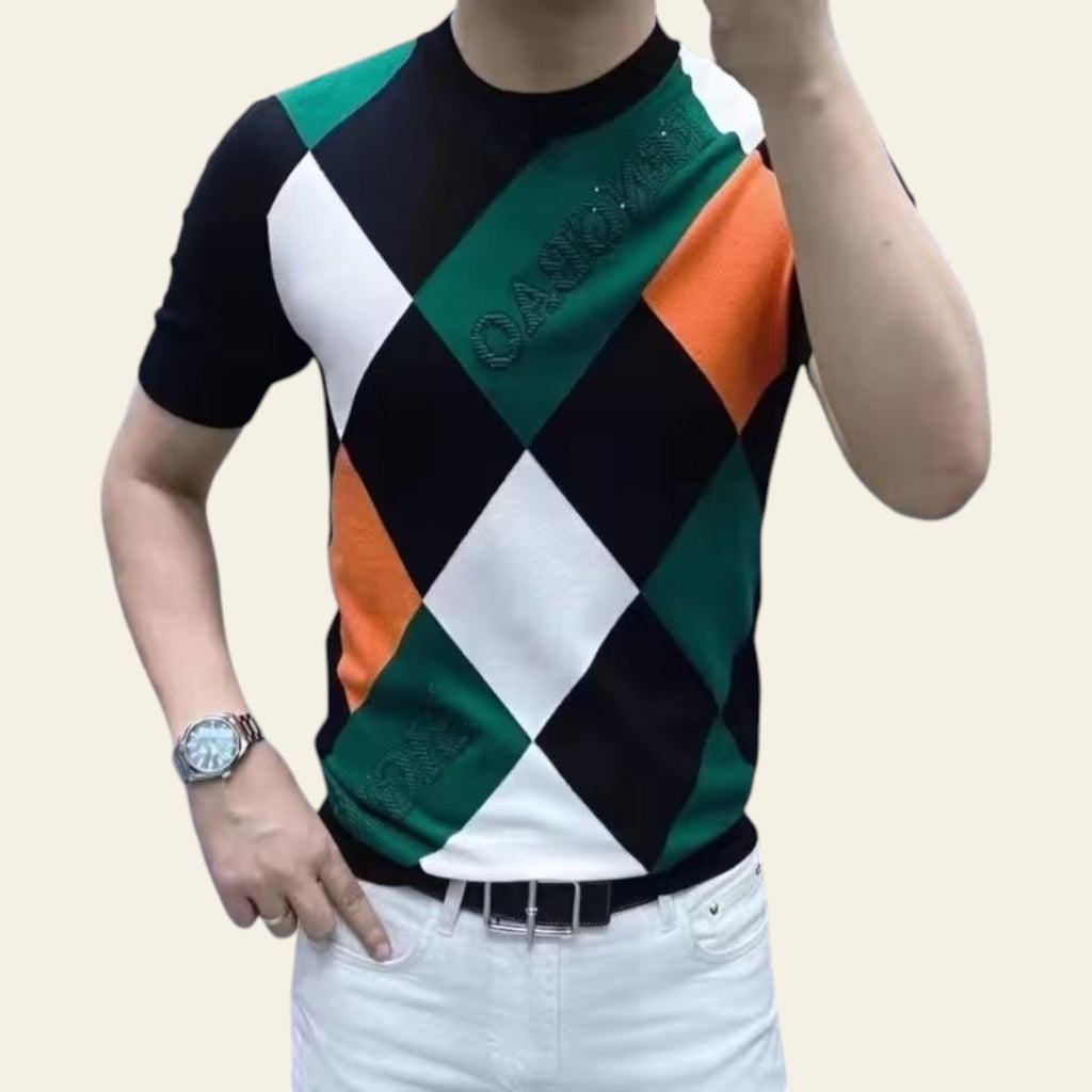 Man wearing a green checked short sleeve ice silk t-shirt