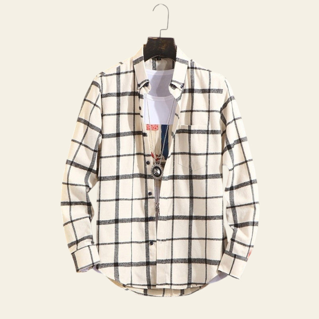 White plaid men's button up shirt displayed on hanger