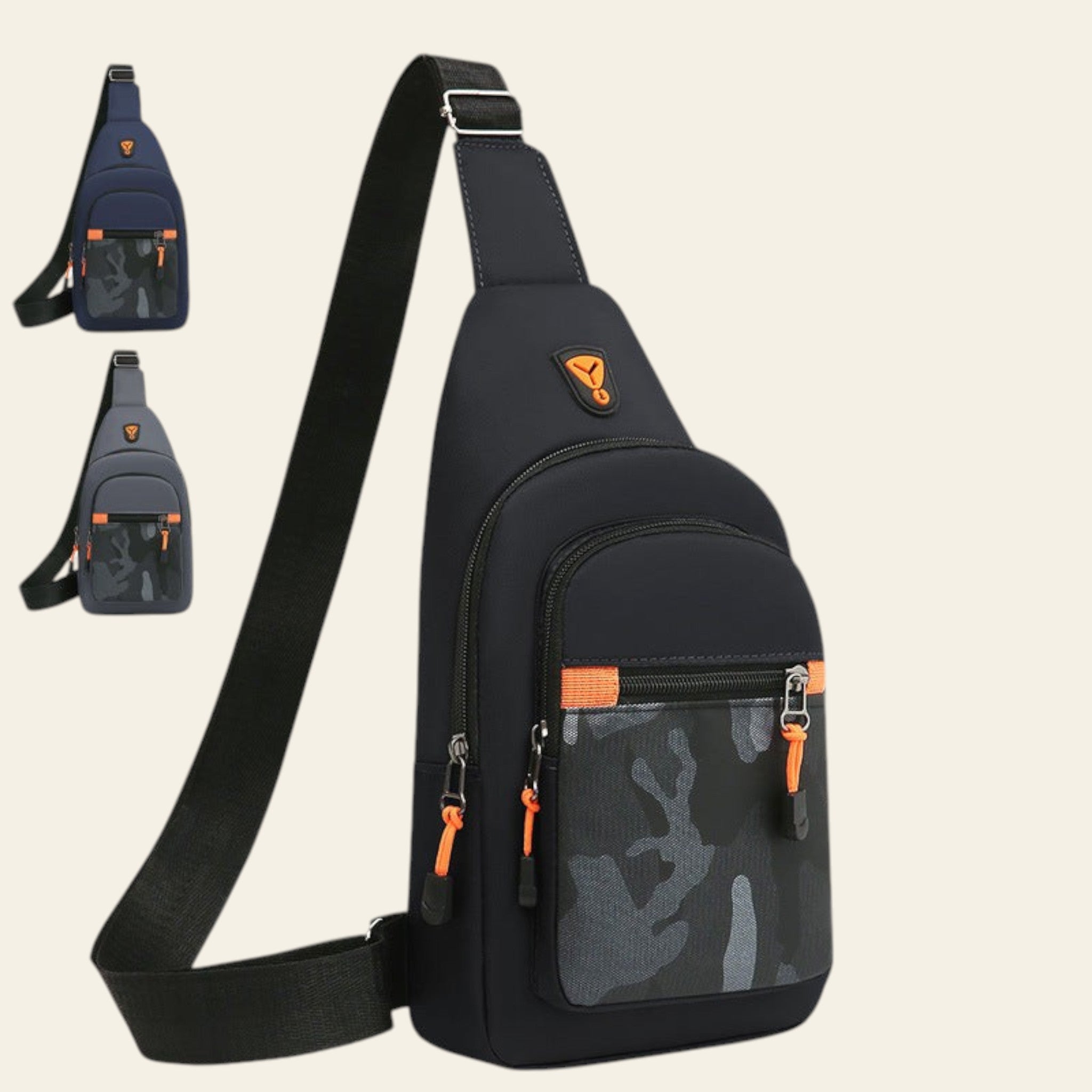 Black sling bag with camouflage pattern and orange accents, shown with a person wearing it.