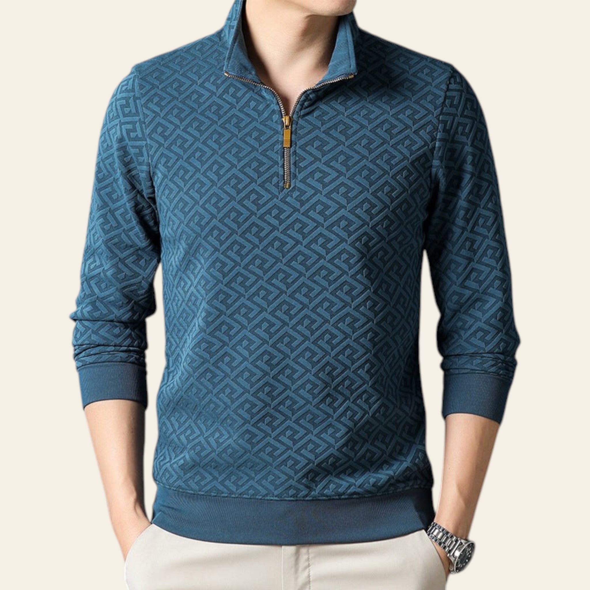 Men's blue textured half-zip long sleeve pullover shirt with stand collar