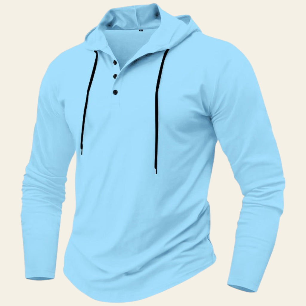 Light blue hoodie with black accents on a white background