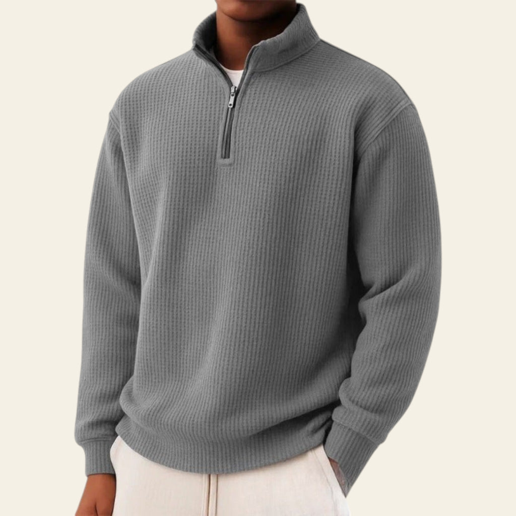 Gray men's half-zip long sleeve pullover sweater, loose fit