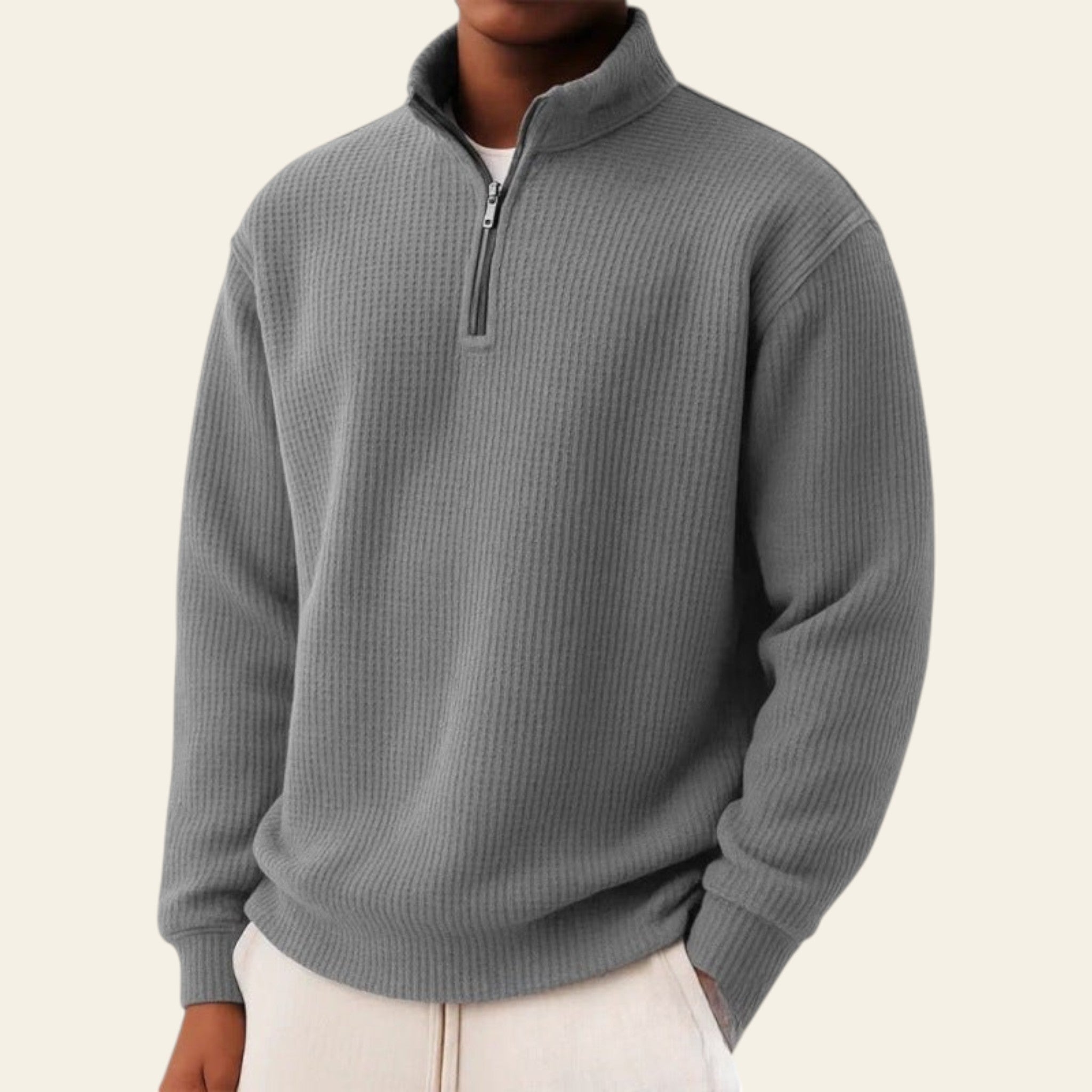 Gray men's half-zip long sleeve pullover sweater, loose fit