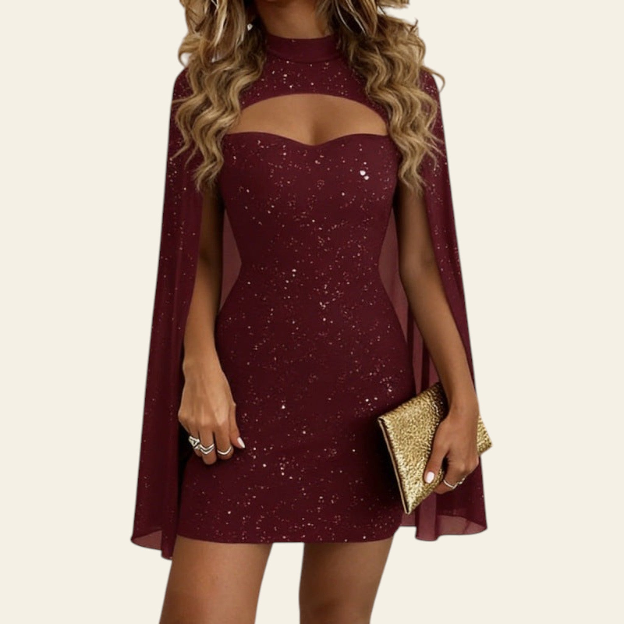 Elegant wine red solid color cape mini dress for women, perfect for formal parties and evening events