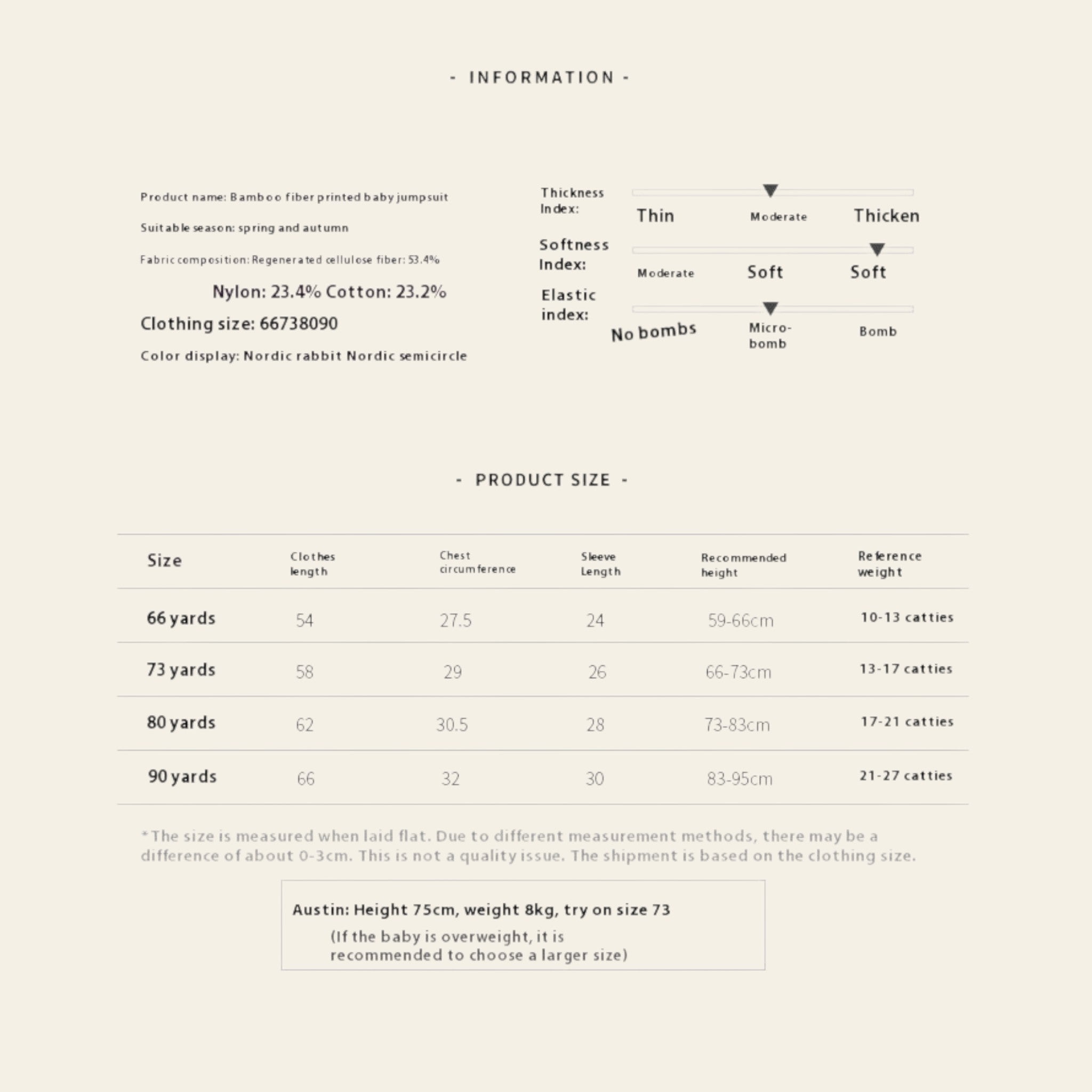 Product information sheet for a baby jumpsuit with size chart and fabric details.