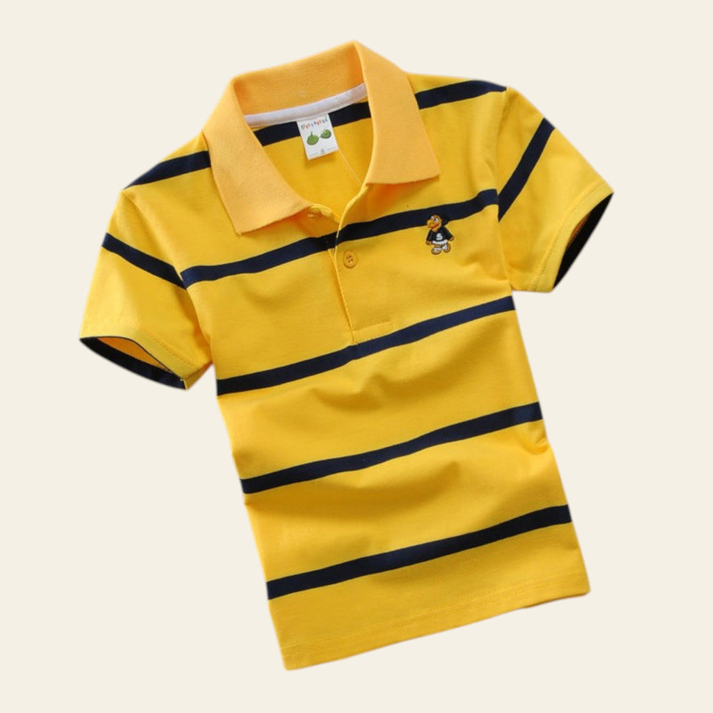 Yellow polo shirt with black stripes on a beige background