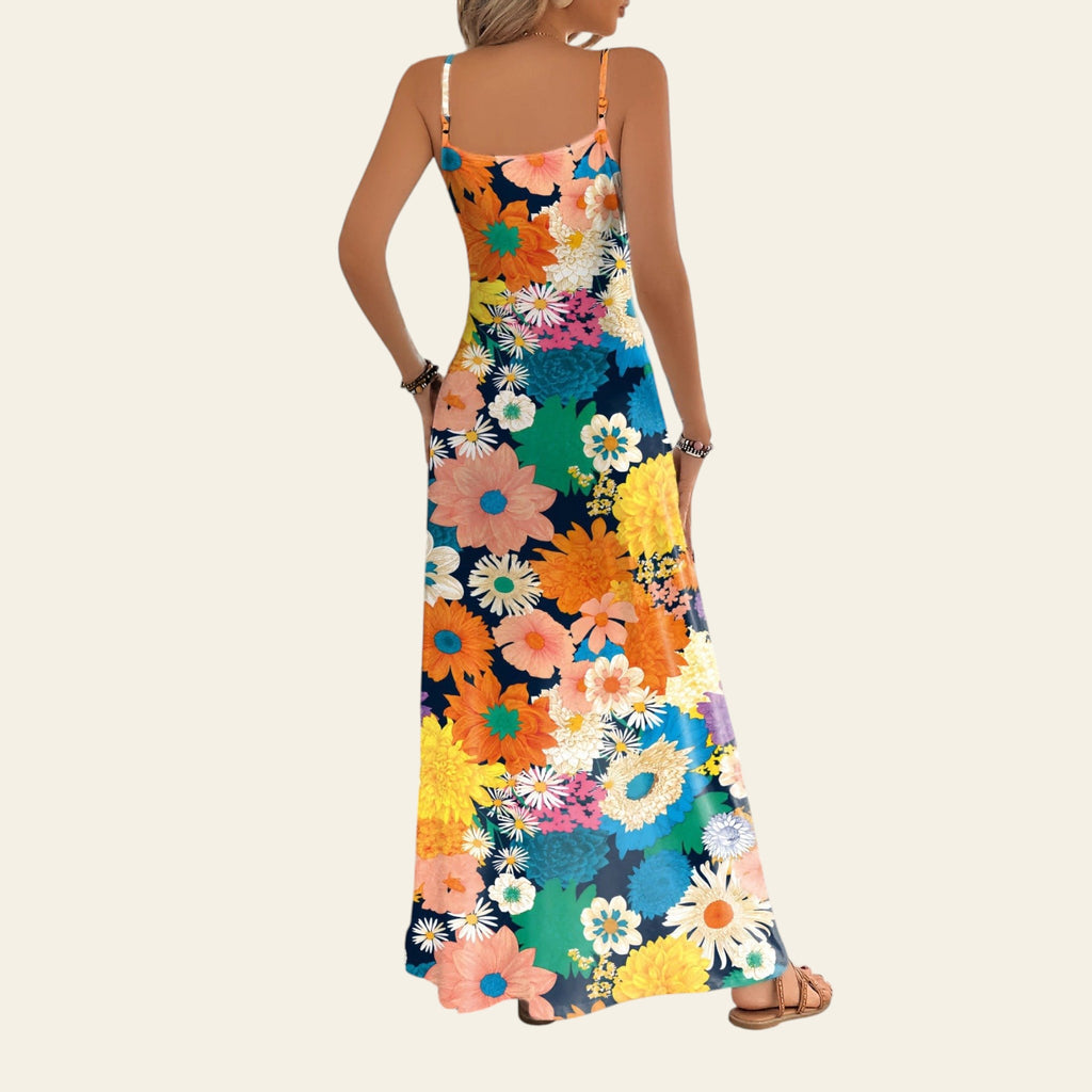 Women's long floral slip dress colorful print back view