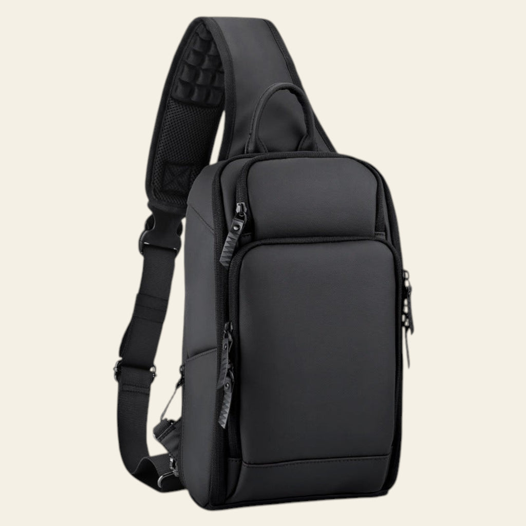 Black sling bag on a white background