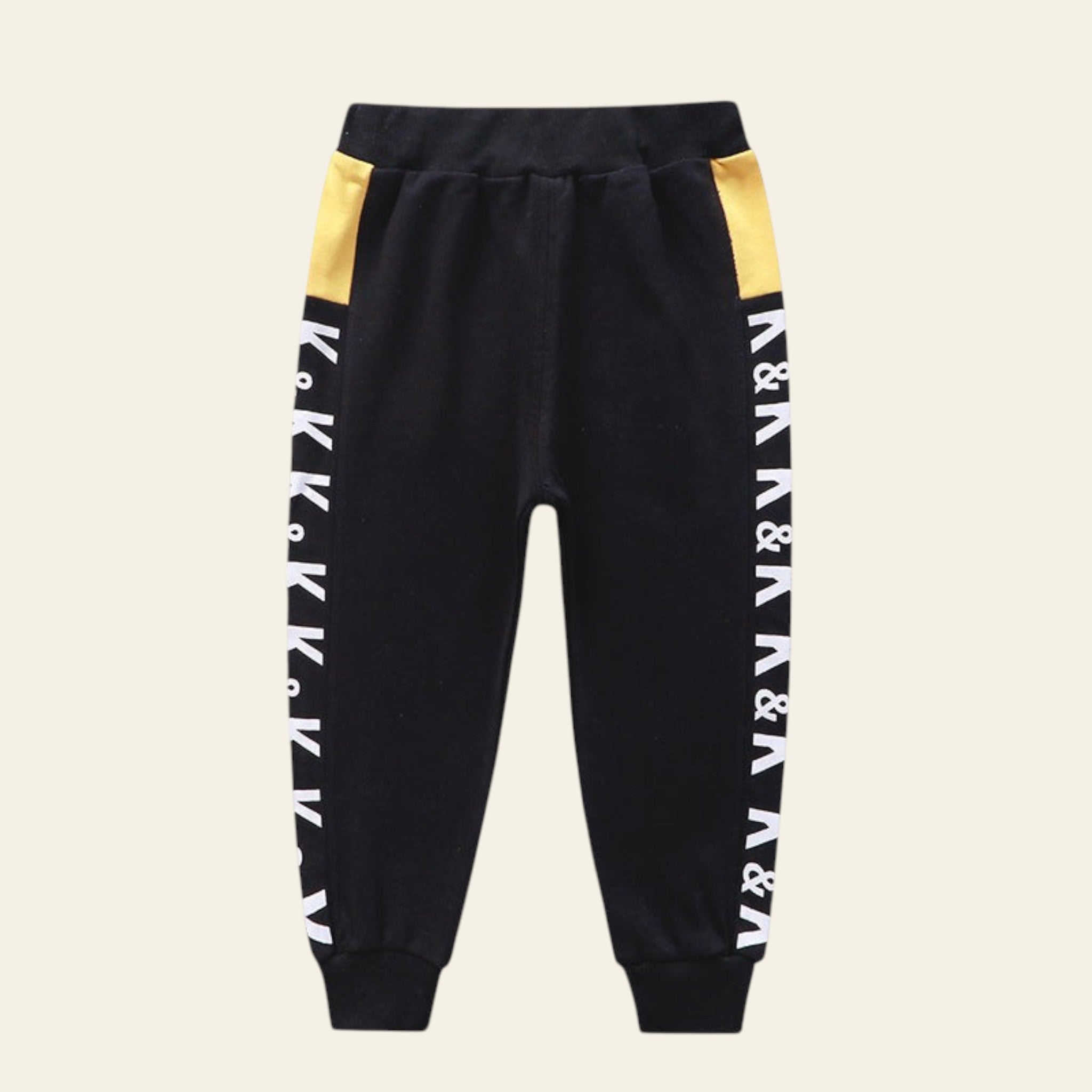 Black sweatpants with yellow accents and white text on a white background