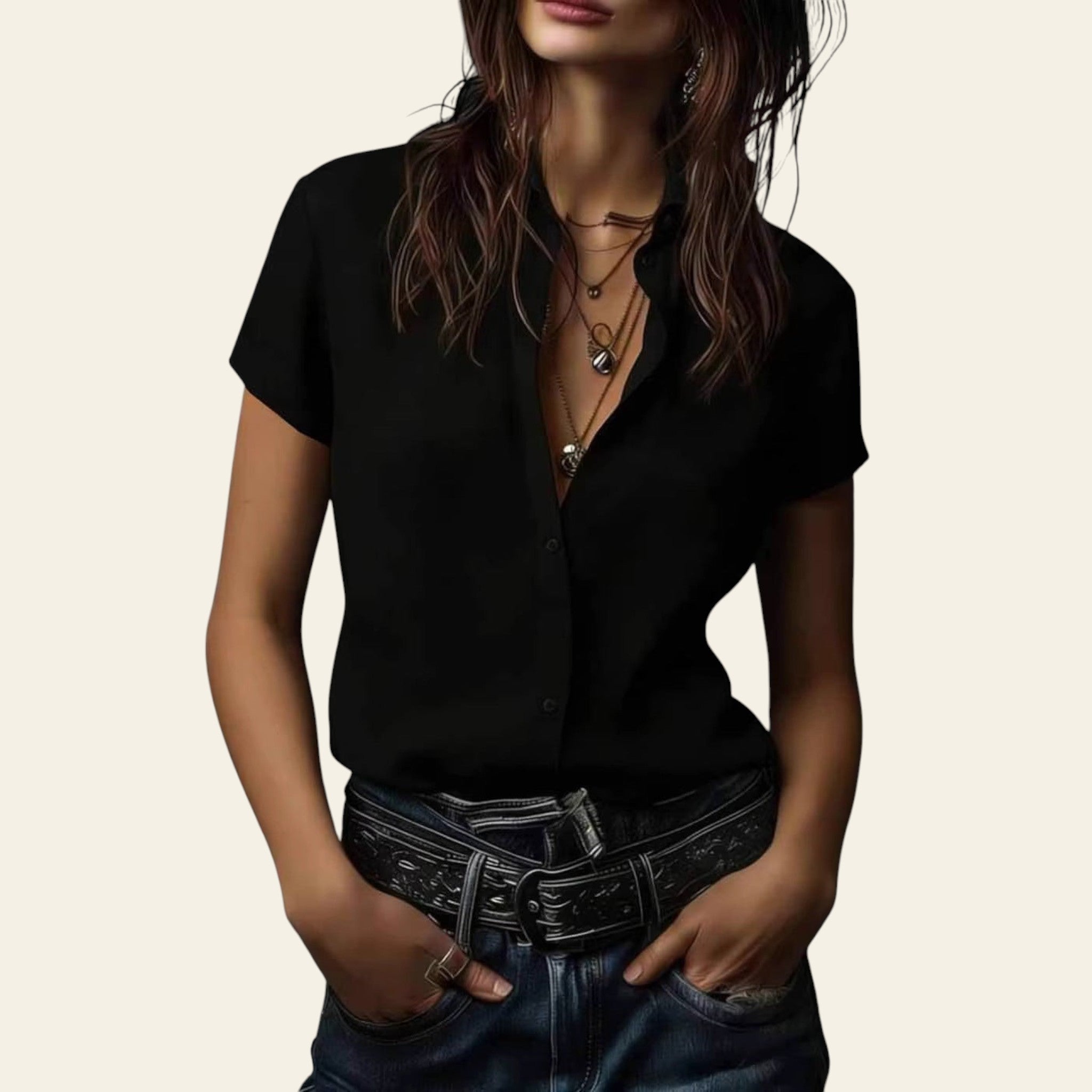 Person wearing a black shirt and blue jeans with a dark background