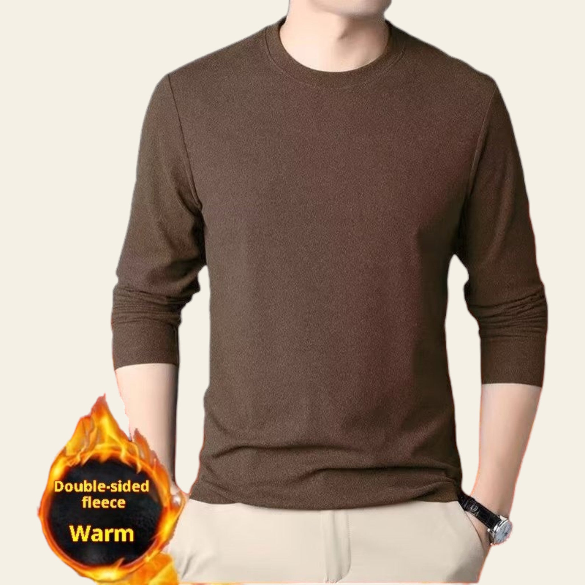 Mannequin wearing a brown double-sided fleece crewneck sweater