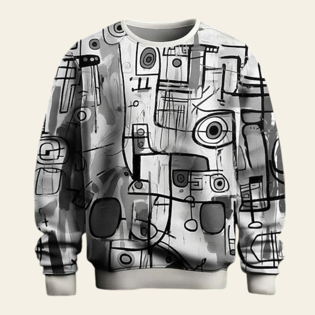 Men's graffiti print pullover hoodie - black & gray abstract pattern
