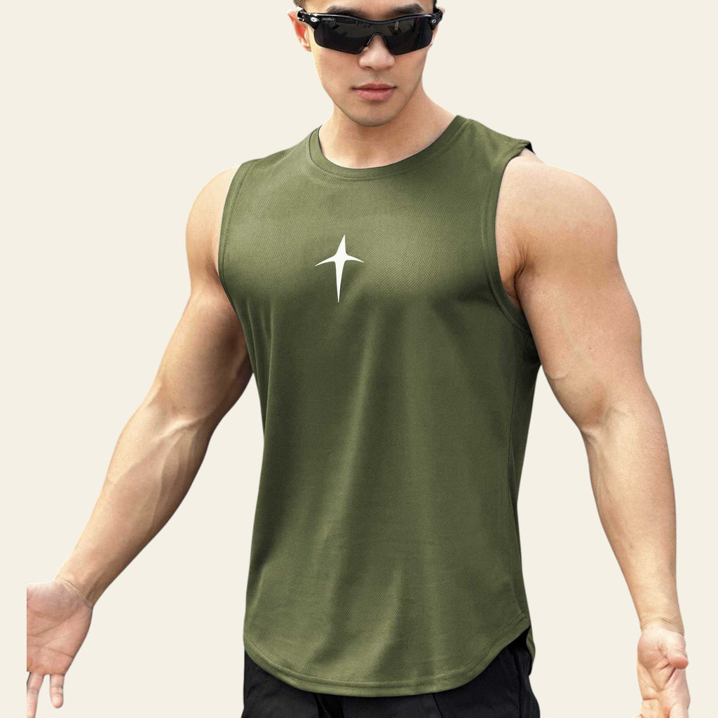 Man wearing an army green sleeveless crew neck slim-fit tank top
