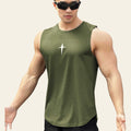 Man wearing an army green sleeveless crew neck slim-fit tank top