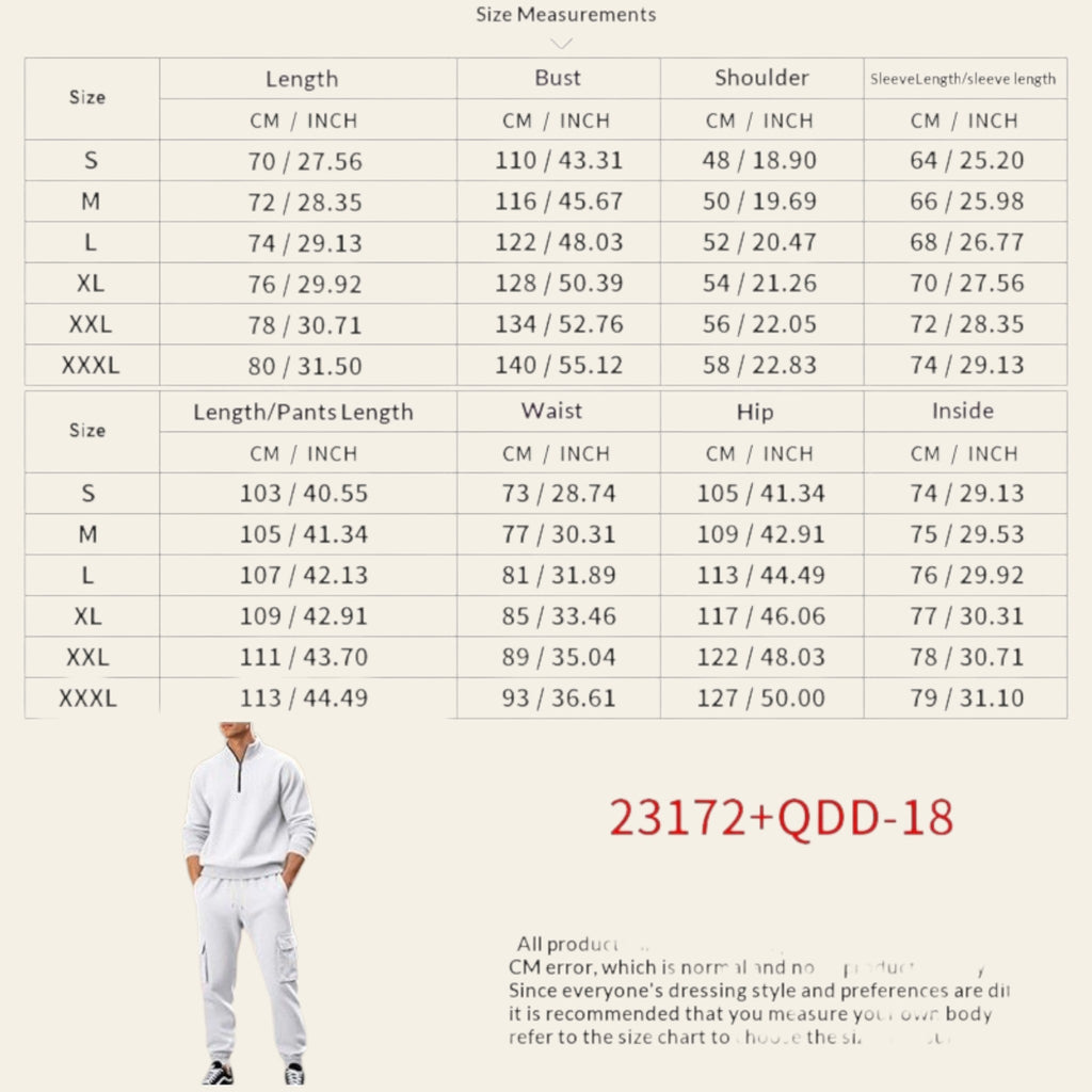 Size chart for men's fleece-lined tracksuit set showing measurements for jacket and pants