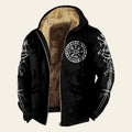 Men's black hooded jacket with white graphic details and fleece lining on textured background